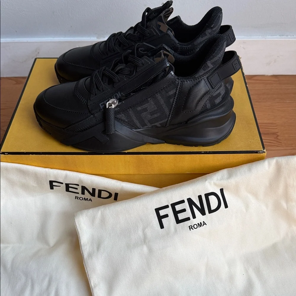 Fendi Black Low-Top FF Logo Roma Sneakers - Picture 6 of 9